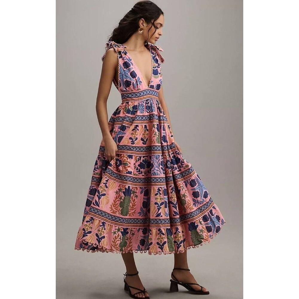 Farm Rio Pink Seashell Tapestry Tropical Tiered Lace Midi Dress Size Small - Picture 1 of 6